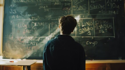 A person stands contemplatively before a large chalkboard filled with complex mathematical equations and diagrams, bathed in warm classroom light.