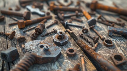 Rusty Metal Parts on Wooden Surface - Vintage Hardware and Industrial Textures