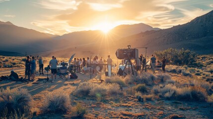 A film crew captures a scene at sunrise in a desert landscape, with cameras, lights, and equipment spread out.