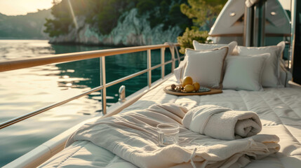 Fototapeta premium A discussion on the importance of luxury bedding for creating a relaxing and sophisticated environment on yachts.