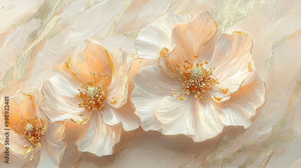 Poster   Three large white flowers with gold centers on a white and gold-striped background, adorned with a sequin embellishment at the center of their petals