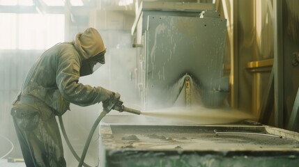Industrial worker sandblasting metal parts in a workshop, surrounded by a cloud of dust under dim lighting.
