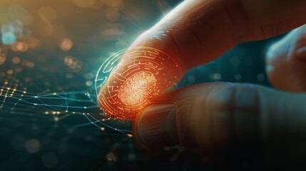 Close-up of a fingerprint being scanned with digital holographic elements overlay, highlighting futuristic security and biometric technology.