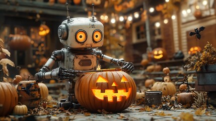 Halloween background with cute robot
