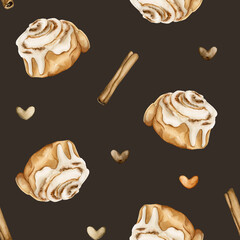 Cinnabon, cinnamon roll desert with cinnamon sticks and small hearts. Watercolor seamless pattern on dark background
