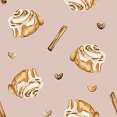 Cinnabon, cinnamon roll desert with cinnamon sticks and small hearts. Watercolor seamless pattern on pink background