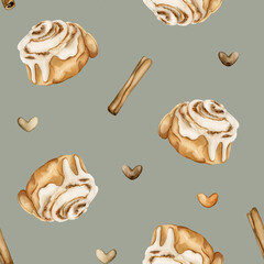 Cinnabon, cinnamon roll desert with cinnamon sticks and small hearts. Watercolor seamless pattern on green background