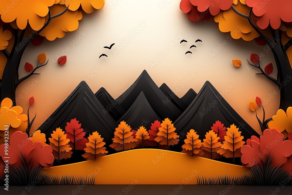Leinwandbilder minimal autumn mountain landscape, with clean lines and simple color blocks representing mountains, 