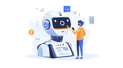 A person interacting with a large robot head, using a smartphone.