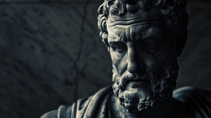 Close-up of a solemn, classical statue of an elderly man with a deep expression, emphasizing the artistry and details in the sculpture.