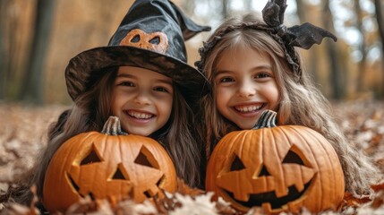 Fototapeta premium Halloween Celebrations with Witches and Pumpkins in an Autumn Forest Setting