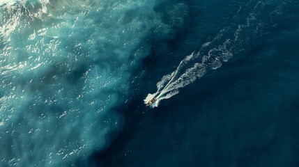 Fototapeta premium An aerial view of a single boat cutting through the clear, deep blue ocean, leaving frothy trails in its wake, epitomizing solitude and adventure.