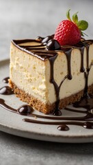 Slice of cheesecake with chocolate sauce and strawberries on top