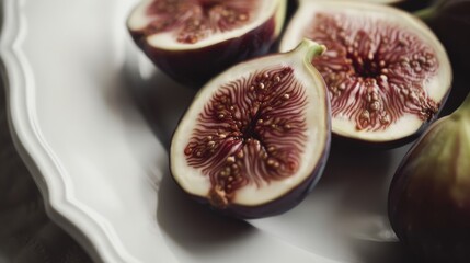 Close-up of freshly cut figs on a white plate, revealing their intricate patterns and rich colors.