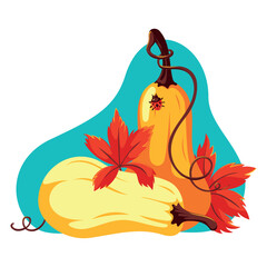 Autumn vector illustration with two pumpkins and bright leaves