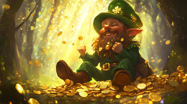 A cheerful leprechaun sits amidst glimmering gold coins, radiating joy and luck in a magical forest setting. Leprechaun's Gold. Illustration