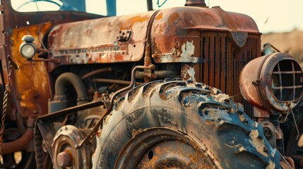 A rusted vintage tractor stands resolutely, its weathered exterior telling tales of labor and endurance amidst a backdrop of rural tranquility.