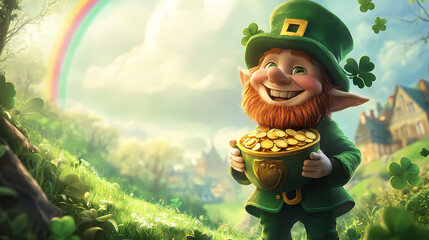 A cheerful leprechaun with a green coat and hat stands in lush green countryside, smiling and holding a pot filled with gold coins. a rainbow arcs in the background. Leprechaun's Gold. Illustration