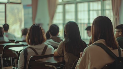 Students in a classroom, with their backs to the camera, attentively engaged, subtly capturing the essence of a focused learning environment through the natural light.