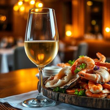glass of white wine and seafood