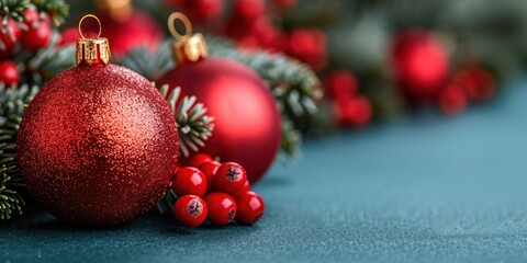 Festive red Christmas ornaments and holly berries arranged with pine branches on a vibrant teal background highlighting holiday decorations