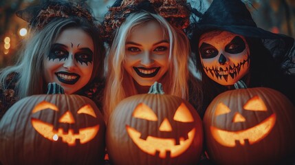 Fototapeta premium Halloween Celebrations with Witches and Pumpkins in an Autumn Forest Setting