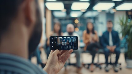 A person capturing a group meeting with a smartphone, focusing on the moment in a modern, well-lit office.