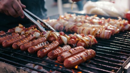 Close-up of sizzling grilled hot dogs and skewered vegetables being expertly cooked on a barbecue grill, capturing the essence of outdoor cooking.