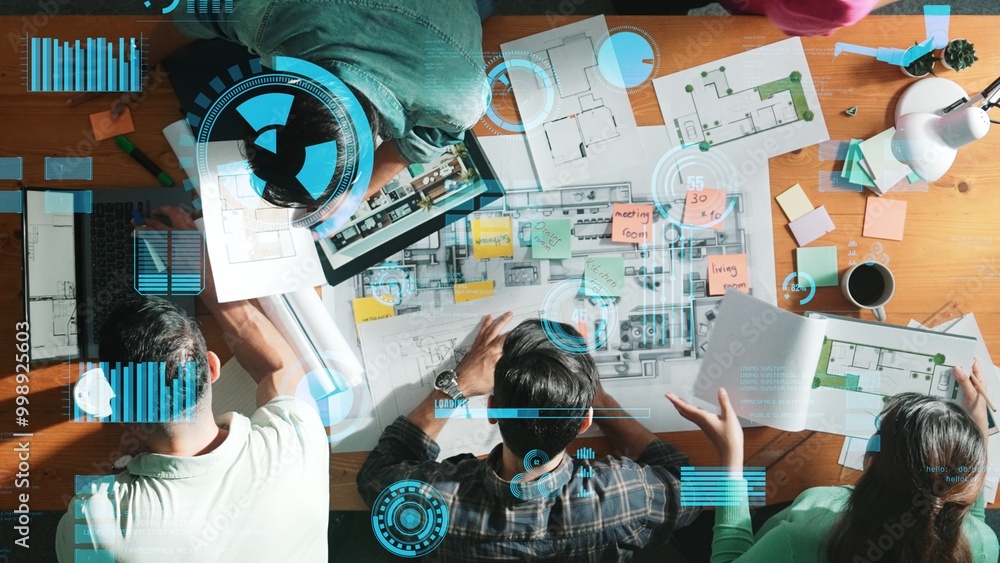Aufkleber top down view of business team with casual outfit looking laptop screen and sharing idea. aerial vie
