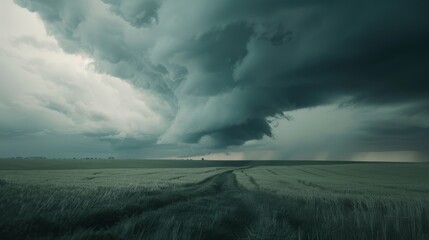 Fototapeta premium A towering tornado spirals under a dense, dark cloud cover above a vast field, portraying the breathtaking and fearsome power of storms.