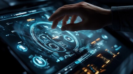 Man hand on dark background holding and touching holographic smart car interface projection 3D rendering