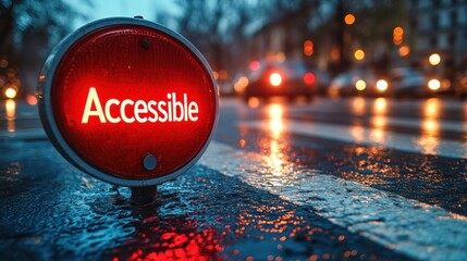 An illuminated red round street sign with the word 'Accessible' in the foreground on a wet road at night, with blurred car lights in the background, creating a vibrant urban scene