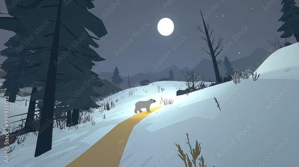 Wall mural   A bear walks on a snowy path in the woods under a full moon