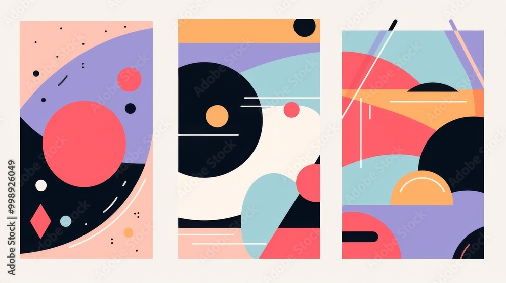 Poster set of colorful retro posters featuring abstract shapes and lines