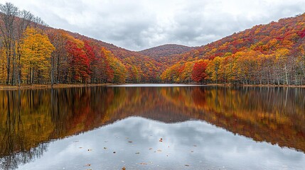 Naklejka premium A forest envelops a body of water, featuring fall-colored trees and a majestic mountain range visible through the clouds above