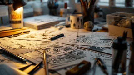 A cluttered artist's desk covered with sketchbooks, pens, and drawing tools amid the warm glow of a desk lamp.