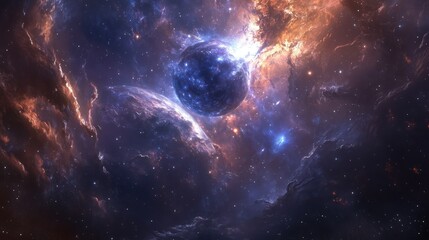 Obraz premium A Blue Planet in a Starry Nebula with Swirling Gaseous Clouds