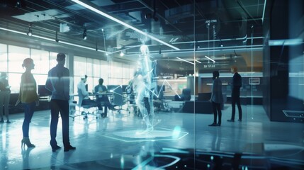 Obraz premium Ultra-modern office space with people interacting around a holographic projection, illuminated by blue and white lights, indicating a high-tech environment.
