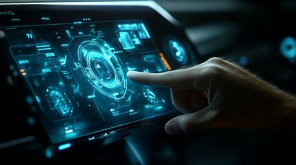 Man hand on dark background holding and touching holographic smart car interface projection 3D rendering