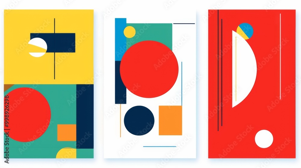 Poster set of three colorful retro posters featuring abstract shapes and lines on a background of blue, ora