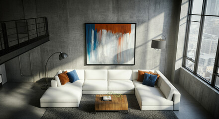 Living room with modern interior and cozy furniture featuring stylish decor and natural light