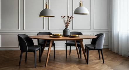 Dining table with modern chairs in elegant dining room interior design featuring stylish decor and ambient lighting