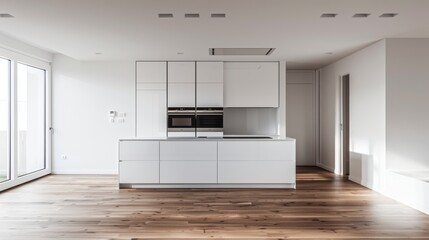 A sleek, modern kitchen with white, minimalist design and large windows, exuding cleanliness and sophisticated style illuminated by natural light.