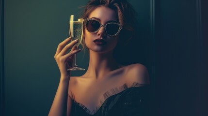 A woman with glamorous attire and sunglasses offers a toast with a sparkling beverage, exuding elegance and sophistication.