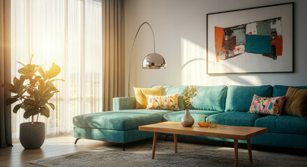 Obraz premium Living room furniture in modern interior design with bright colors and cozy atmosphere featuring stylish home decor