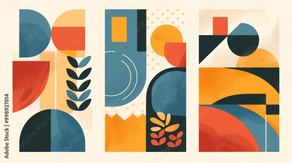 Poster set of three colorful retro posters featuring abstract shapes and lines on a background of blue, ora