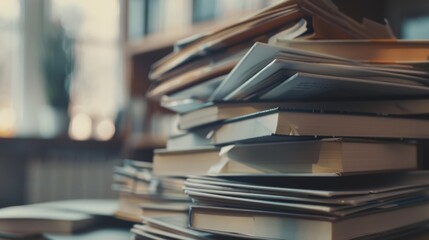 A towering stack of books is in focus, set against a blurred background of a cozy library, representing knowledge and a love for reading.