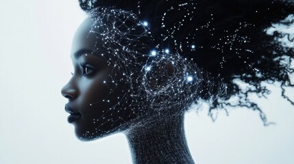 Futuristic woman with digital network face mask represents advanced skincare technology and innovation cosmetic