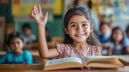 A young girl in a classroom, confidently raising her hand with a book open in front of her, highlighting the power of education in shaping the future of girls globally.