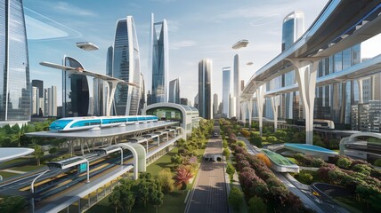 Future of technology. A futuristic cityscape with a city skyline, a train moving above the city, and flying cars in the air.